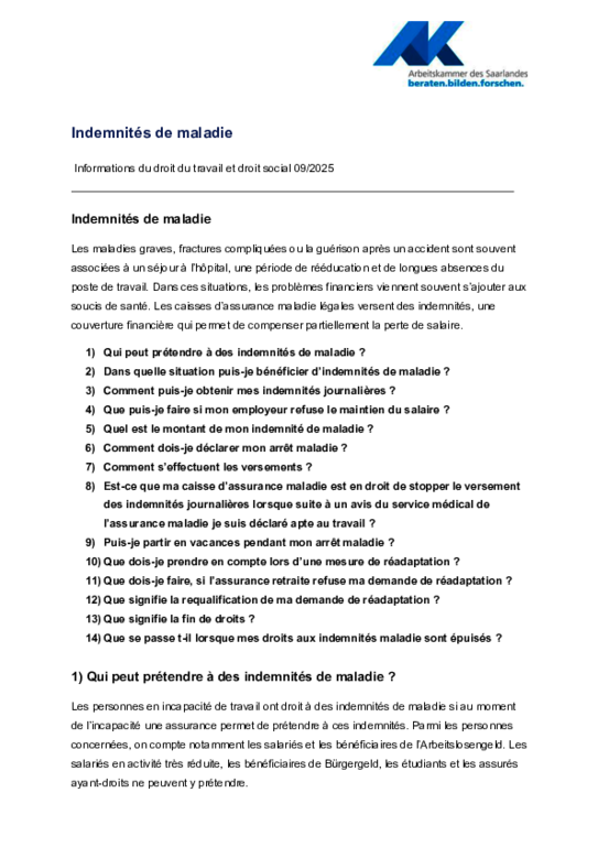 Indemnités de maladie (PDF sans barrière) Indemnités de maladie (PDF sans barrière) - Informations droit social et droit du travail 9/2025
