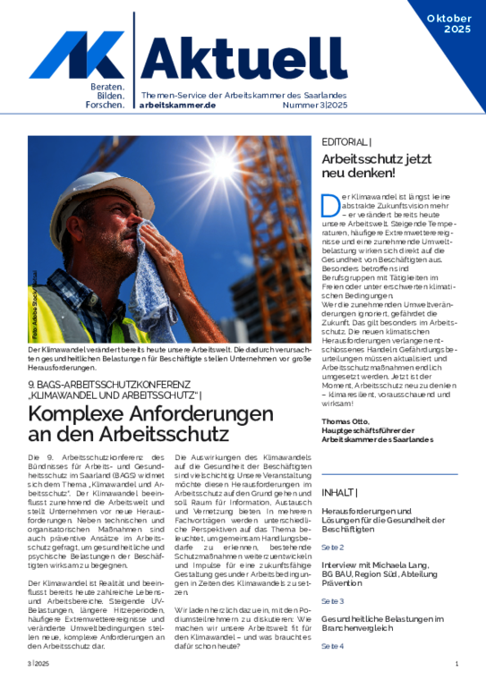 9. BAGS Arbeitsschutzkonferenz: Klimawandel und Arbeitsschutz 9. BAGS Arbeitsschutzkonferenz: Klimawandel und Arbeitsschutz - Komplexe Anforderungen an den Arbeitsschutz
(Oktober 2025)