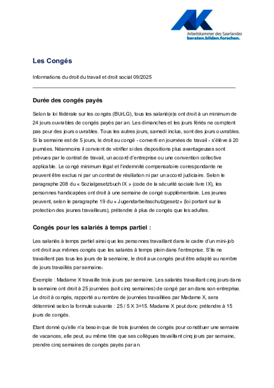 Congés (PDF sans barrière) Congés (PDF sans barrière) - Informations droit social et droit du travail (9/2025)