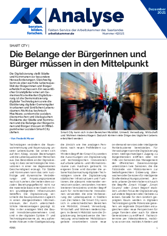 AK-Analyse "Smart City" AK-Analyse "Smart City" - Die Belange der Bürgerinnen und Bürger müssen in den Mittelpunkt (Dezember 2021)