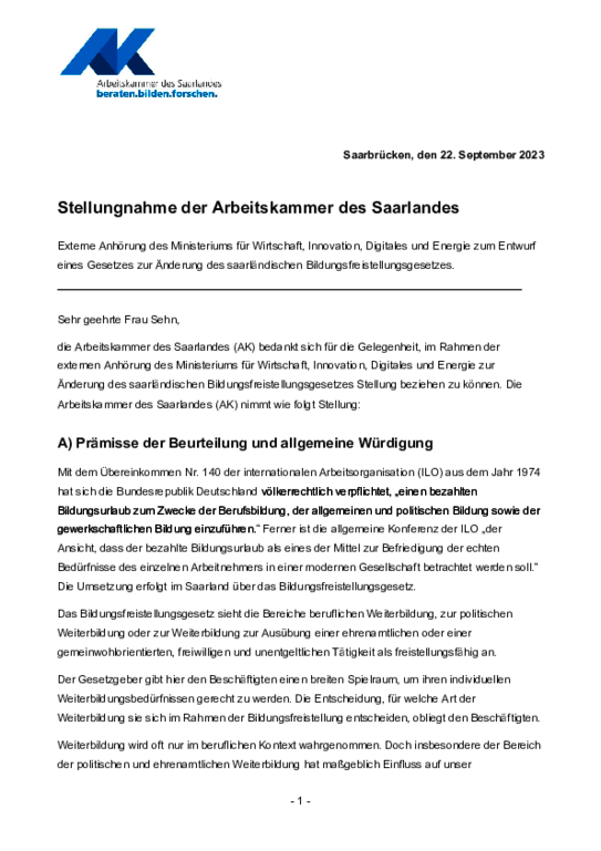 Stellungnahme der Arbeitskammer des Saarlandes vom 22. September 2023 (PDF barrierefrei) Stellungnahme der Arbeitskammer des Saarlandes vom 22. September 2023 (PDF barrierefrei) - Stellungnahme zur externe Anhörung des Ministeriums für Wirtschaft, Innovation, Digitales und Energie zum Entwurf eines Gesetzes zur Änderung des saarländischen Bildungsfreistellungsgesetzes.