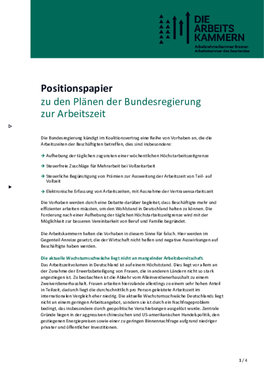 Gemeinsame Stellungnahme ANK Bremen / AK Saarland (Oktober 2025) Gemeinsame Stellungnahme ANK Bremen / AK Saarland (Oktober 2025) - Die Arbeitskammern zu den Plänen der Bundesregierung zur Arbeitszeit