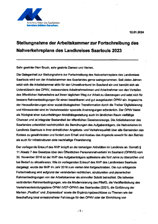 Stellungnahme der Arbeitskammer des Saarlandes vom 12. Januar 2024 Stellungnahme der Arbeitskammer des Saarlandes vom 12. Januar 2024 - Fortschreibung des Nahverkehrsplans des Landkreises Saarlouis 2023