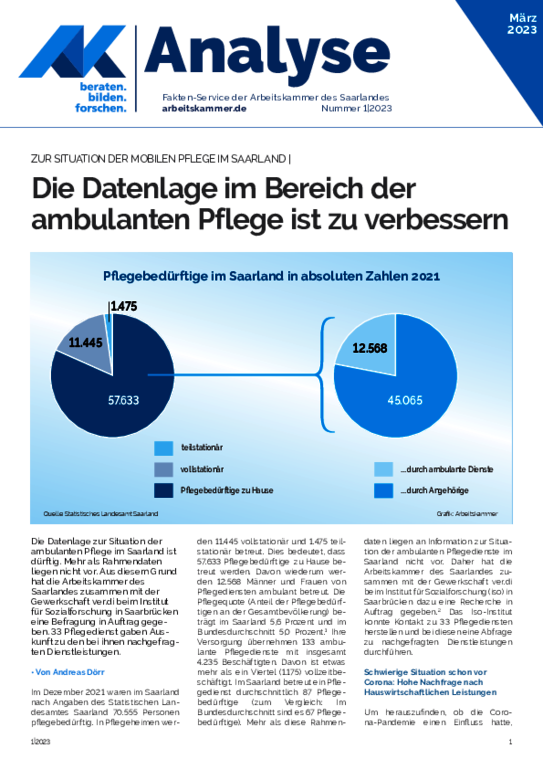 Die Datenlage im Bereich der ambulanten Pflege ist zu verbessern - Zur Situation in der mobilen Pflege im Saarland (März 2023)