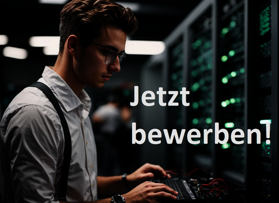 Junger Mann, der in einem Serverraum am Computer arbeitet