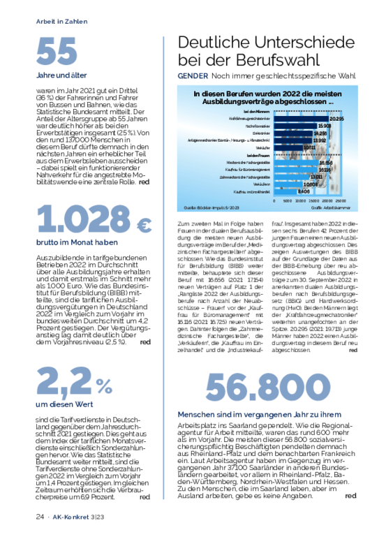 Arbeit in Zahlen - Deutliche Unterschiede in der Berufswahl - Noch immer geschlechtsspezifische Wahl (AK-Konkret Heft 3, Juni 2023)