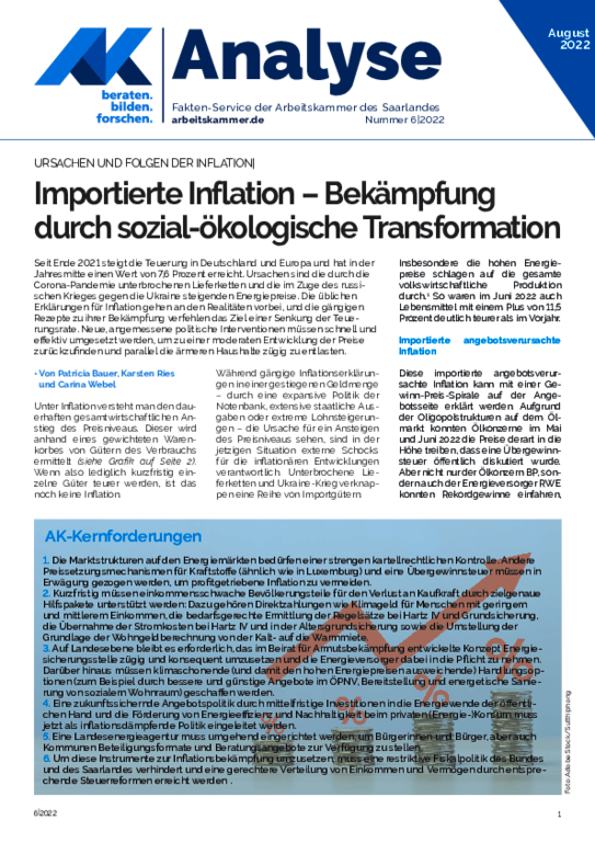 Ursachen und Folgen der Inflation - Importierte Inflation – Bekämpfung durch sozial-ökologische Transformation (August 2022)