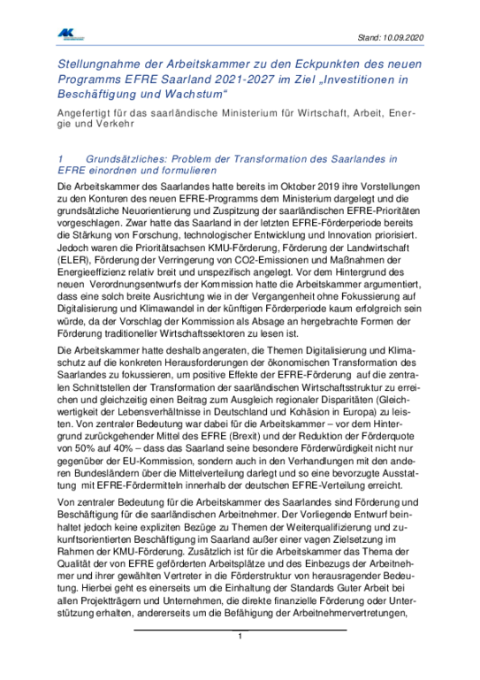 Stellungnahme der Arbeitskammer vom 10. September 2020 - Konsultation zu den Eckpunkten des neuen Programms EFRE Saarland 2021-2027 im Ziel "Investitionen in Beschäftigung und Wachstum" 