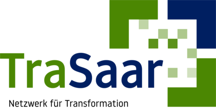 Grafik: Logo von TraSaar in grün/blau, darunter in schwarz der Text "Netzwerk für Transformation"