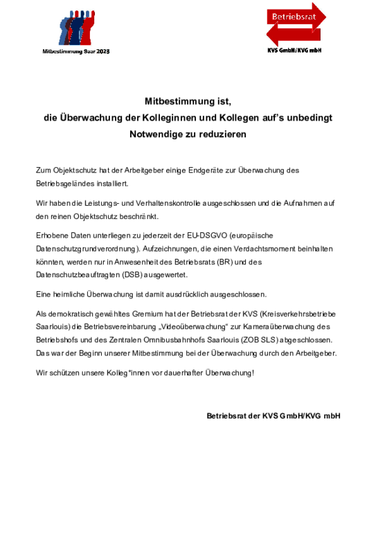 KVS GmbH / KVG mbH - Mitbestimmung ist, die Überwachung der Kolleginnen und Kollegen auf’s unbedingt Notwendige zu reduzieren