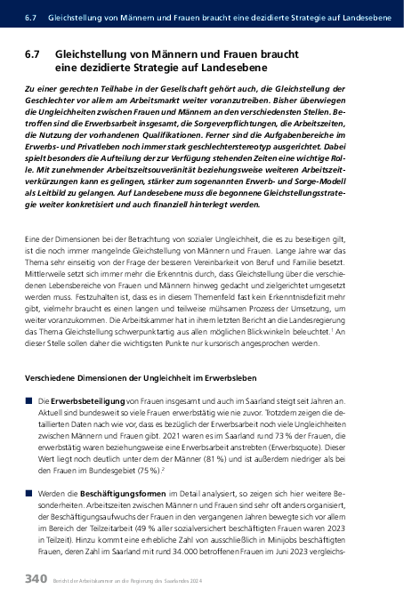 AK-Jahresbericht 2024: Kapitel 6.7 - Gleichstellung von Männern und Frauen braucht eine dezidierte Strategie auf Landesebene
