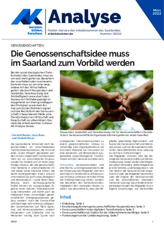 AK-Analyse "Genossenschaften" - Die Genossenschaftsidee muss im Saarland zum Vorbild werden (März 2022)