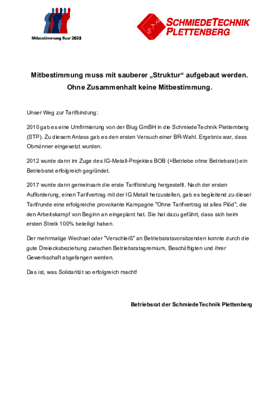 SchmiedeTechnik Plettenberg - Mitbestimmung muss mit sauberer „Struktur“ aufgebaut werden. Ohne Zusammenhalt keine Mitbestimmung.
