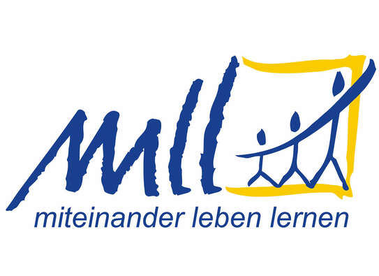 Logo in den Farben blau, gelb und weiß mit Schriftzug "Miteinander Leben Lernen"