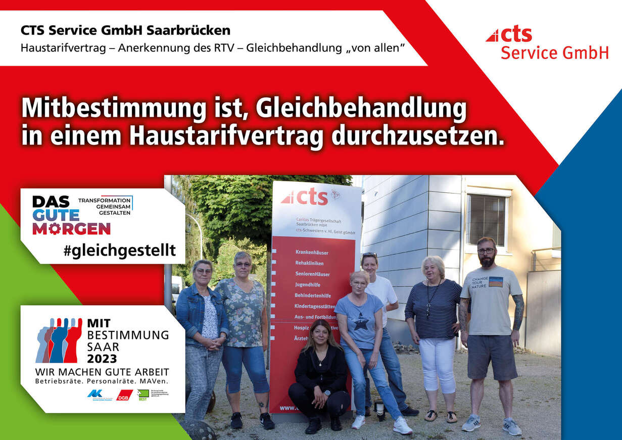 Plakat zur Mitbestimmungsmesse mit dem Slogan "Mitbestimmung ist, Gleichbehandlung in einem Haustarifvertrag durchzusetzen"