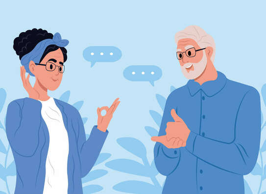 Grafik, ein Mann und eine Frau unterhalten sich in Gebärdensprache