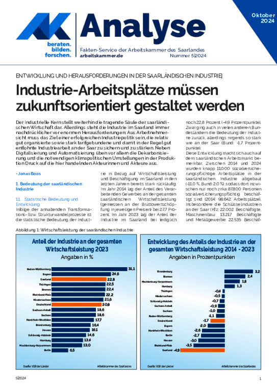 Entwicklung und Herausforderungen in der saarländischen Industrie - Industrie-Arbeitsplätze müssen zukunftsorientiert gestaltet werden (Ausgabe 5, Oktober 2024)