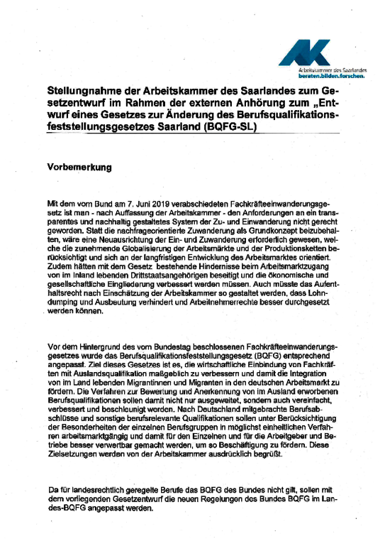 Stellungnahme der Arbeitskammer vom 15. Dezember 2020 - Stellungnahme zum Gesetzentwurf im Rahmen der externen Anhörung zum "Entwurf eines Gesetzes zur Änderung des Berufsqualifikationsfeststellungsgesetzes Saarland (BQFG-SL) 