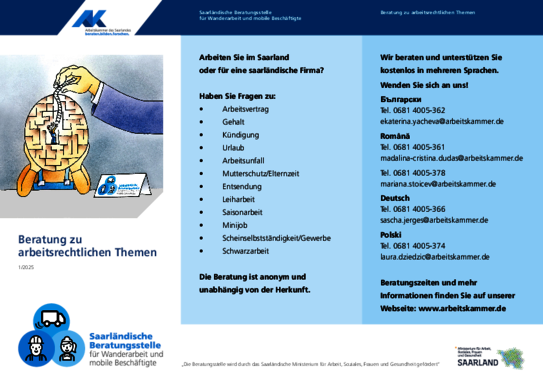 Beratung zu arbeitsrechtlichen Themen - Saarländische Beratungsstelle
für Wanderarbeit und mobile Beschäftigte | Faire Integration (1/2025)