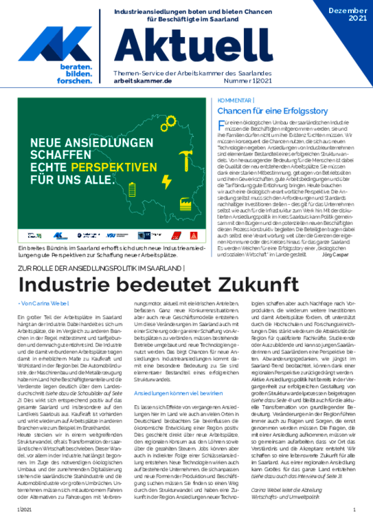 Zur Rolle der Ansiedlungspolitik im Saarland - Industrie bedeutet Zukunft<br>Dezember 2021