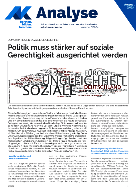 Demokratie und soziale Ungleichheit - Politik muss stärker auf soziale Gerechtigkeit ausgerichtet werden (Ausgabe 3 / August 2024)