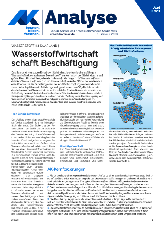 Wasserstoff im Saarland - Wasserstoffwirtschaft schafft Beschäftigung (Ausgabe 2 / Juni 2023)