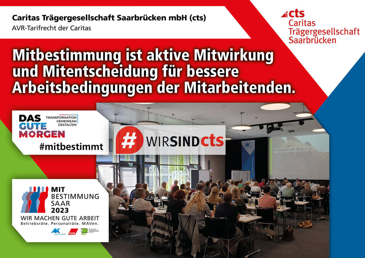 Plakat zur Mitbestimmungsmesse mit dem Slogan "Mitbestimmung ist aktive Mitwirkung und Mitentscheidung für bessere Arbeitsbedingungen"