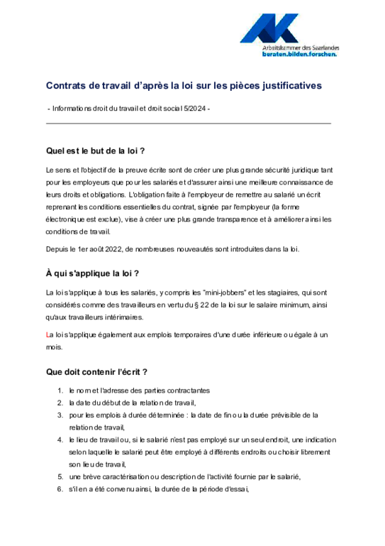 Contrats de travail (PDF sans barrière) - Informations droit social et droit du travail 8/2022