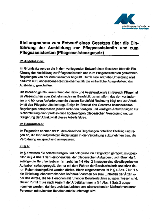 Stellungnahme der Arbeitskammer vom 27. März 2020 - Stellungnahme zum Entwurf eines Gesetzes über die Einführung der Ausbildung zur Pflegeassistentin und zum Pflegeassistenten (Pflegeassistenzgesetz) 