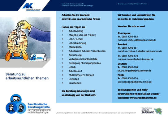 Beratung zu arbeitsrechtlichen Themen - Saarländische Beratungsstelle
für Wanderarbeit und mobile Beschäftigte | Faire Integration
