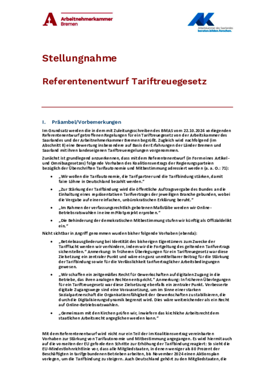 Gemeinsame Stellungnahme der Arbeitskammer des Saarlandes und der Arbeitnehmerkammer Bremen vom 28. Oktober 2024 - Stellungnahme zum Referentenentwurf Tariftreuegesetz (PDF nicht barrierefrei)