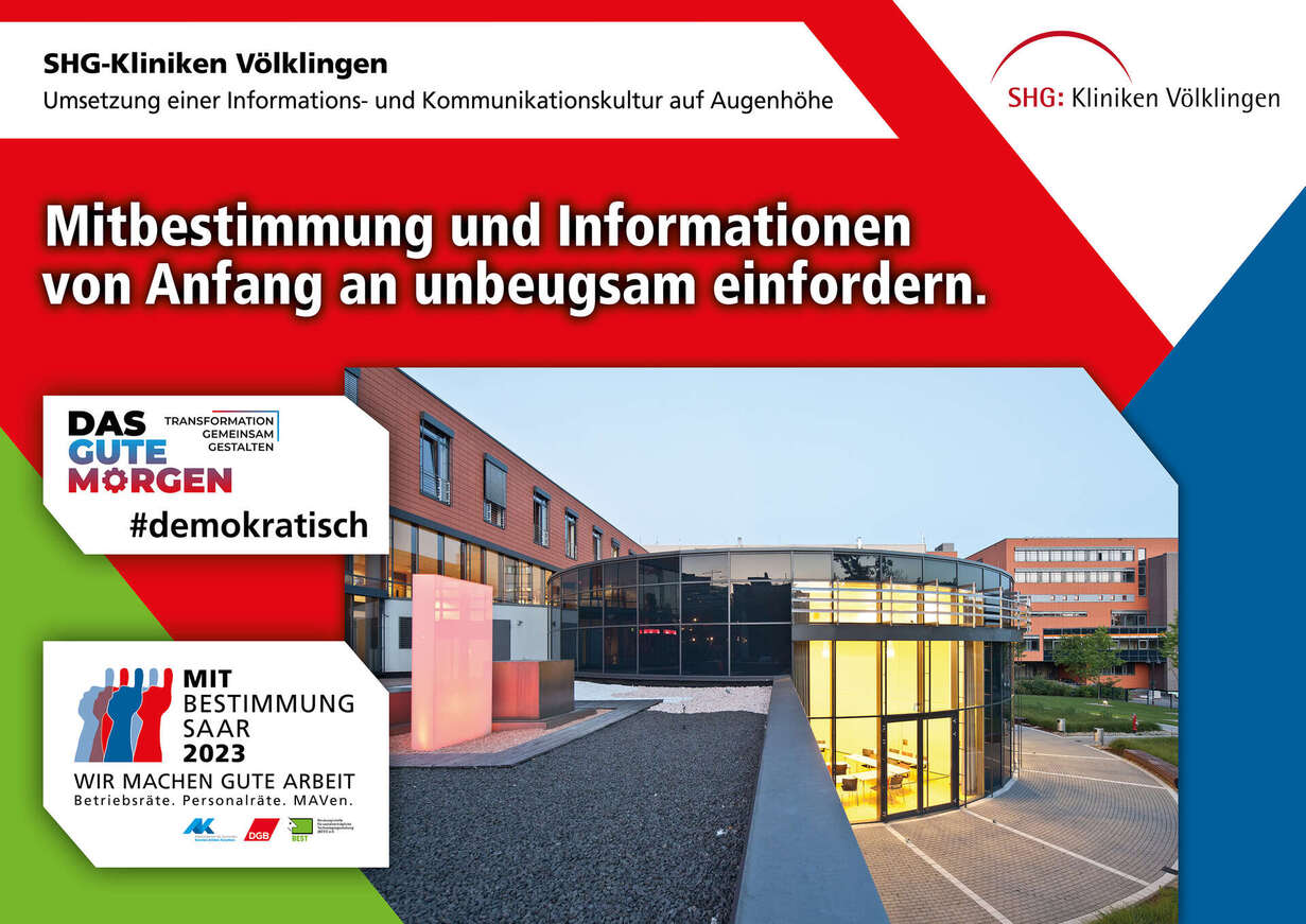 Plakat zur Mitbestimmungsmesse mit dem Slogan "Mitbestimmung und Informationen von Anfang an unbeugsam einzufordern"