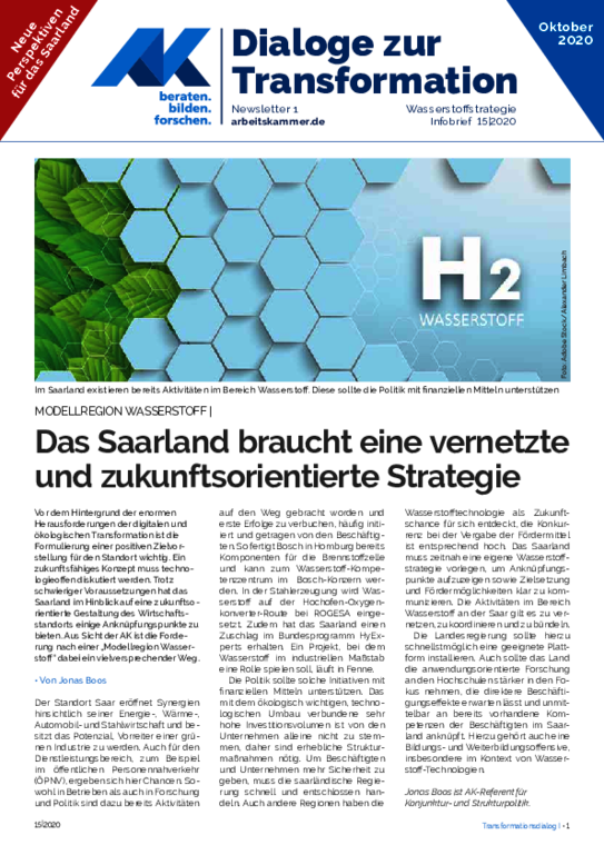 AK-THEMA "Modellregion Wasserstoff" 14. Oktober 2020 - Das Saarland braucht eine vernetzte und zukunftsorientierte Strategie