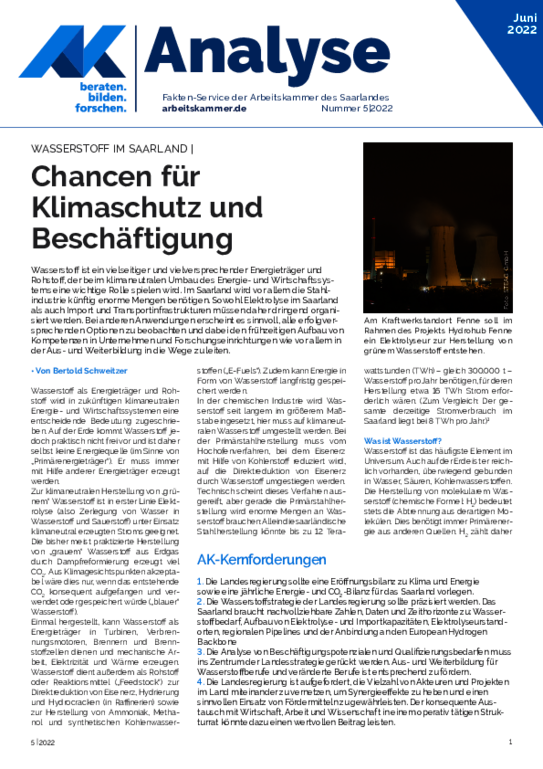 Chancen für Klimaschutz und Beschäftigung - Wasserstoff im Saarland
(Juni 2022)