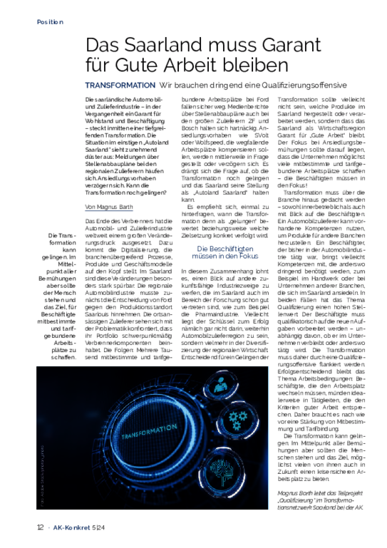 Transformation: Das Saarland muss Garant für Gute Arbeit bleiben" - Heft 5, Oktober 2024