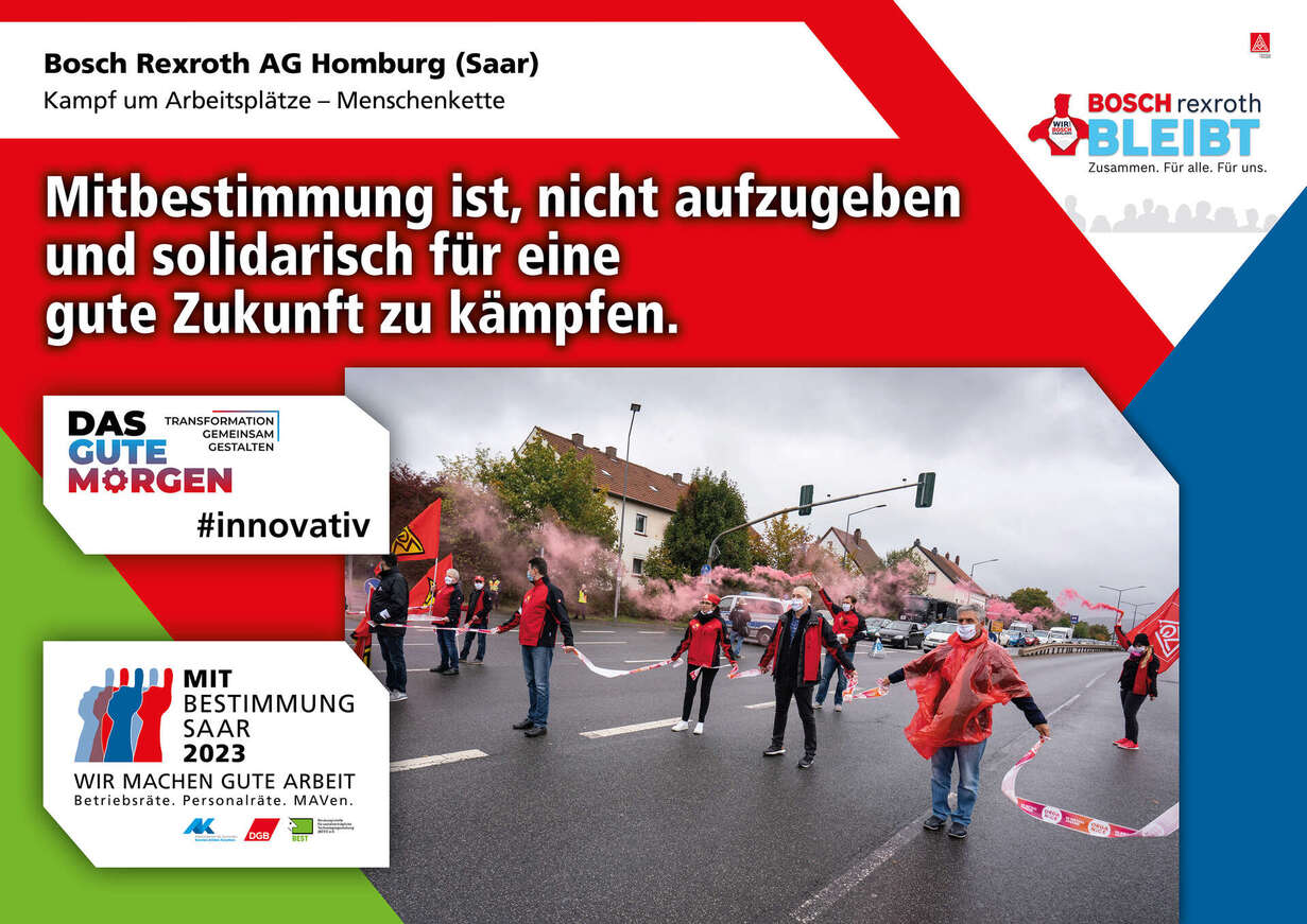 Plakat zur Mitbestimmungsmesse mit dem Slogan "Mitbestimmung ist, nicht aufzugeben und solidarisch für eine gute Zukunft zu kämpfen"