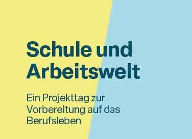 startHub-Logo Schriftzug "Schule und Arbeitswelt - Ein Projekttag zur Vorbereitung auf das Berufsleben" auf gelb-blauem Hintergrund