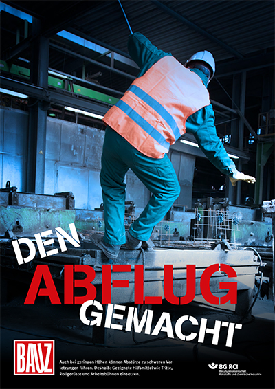 Schriftzug "Den Abflug gemacht", Ein Arbeiter, der auf einem Brett balanciert.