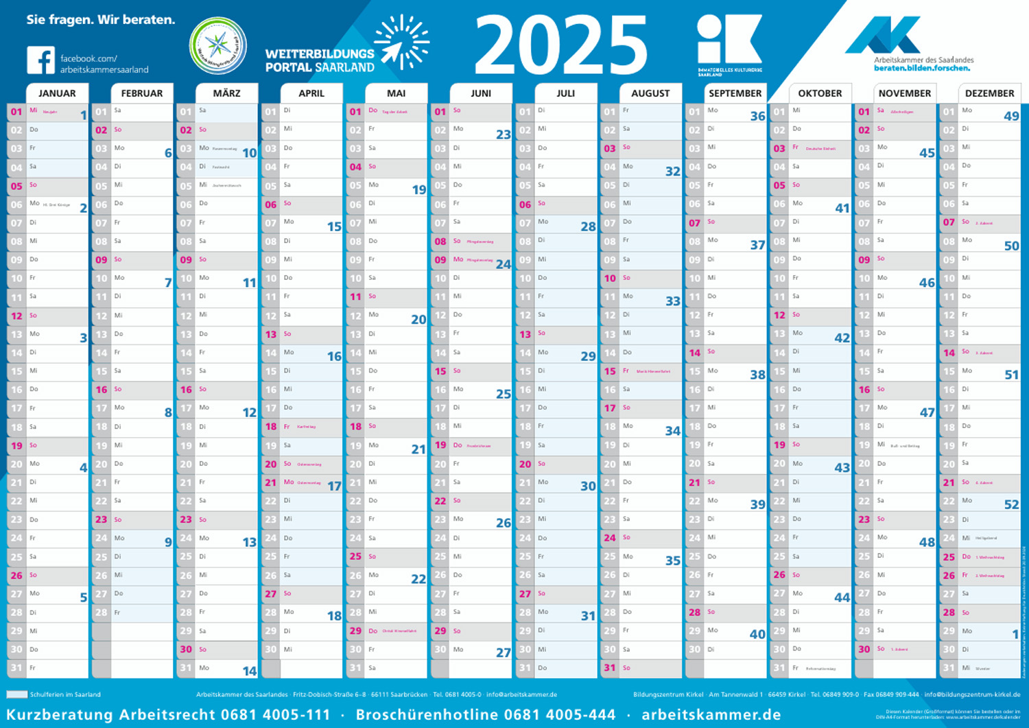 Blau weißer Wandkalender 2025