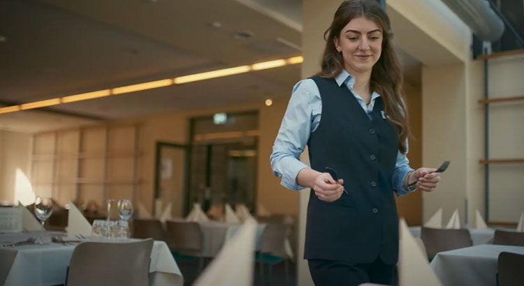 Junge Frau beim Eindecken von Tischen im Restaurant des Arbeitskammer-Bildungszentrums in Kirkel